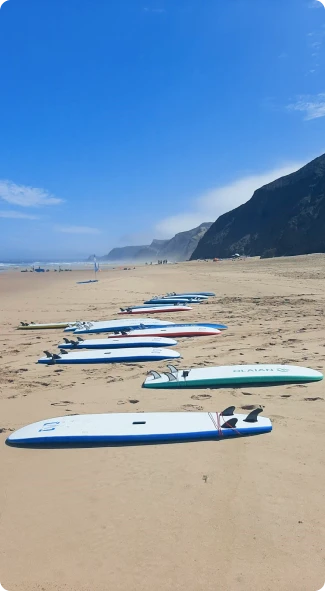 Colorful surfboards ready for use at Sagres Sun Stay, available for students taking surf lessons